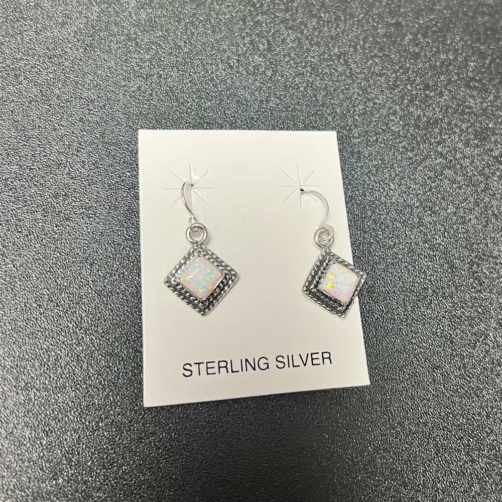 Sterling Silver Opal Square Drop Earrings